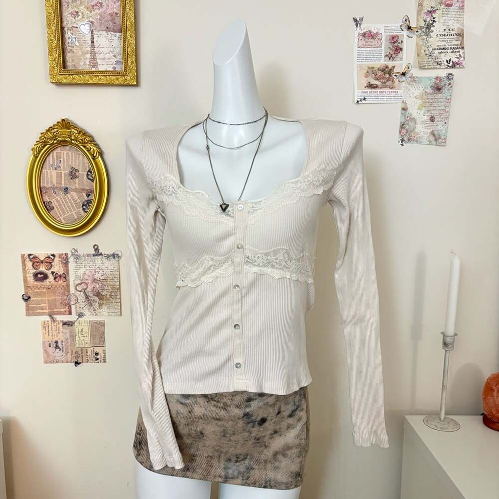 Zara Lace Trim Long Sleeve Button Up Top Size L Off White Ribbed Cardigan